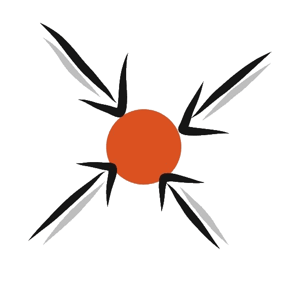 Orangefarbener Punkt in der Mitte, vier Pfeile sind darauf aus vier Richtungen gerichtet.